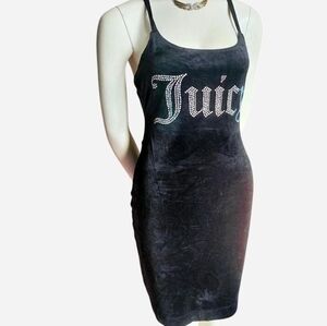 Juicy Couture Black Rhinestone Logo Velvet Bodycon Dress Y2K McBling Size L